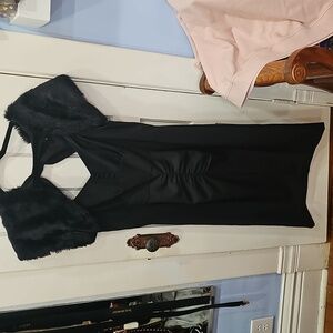 Stop Staring Black Midi Dress with Faux Fur Shawl